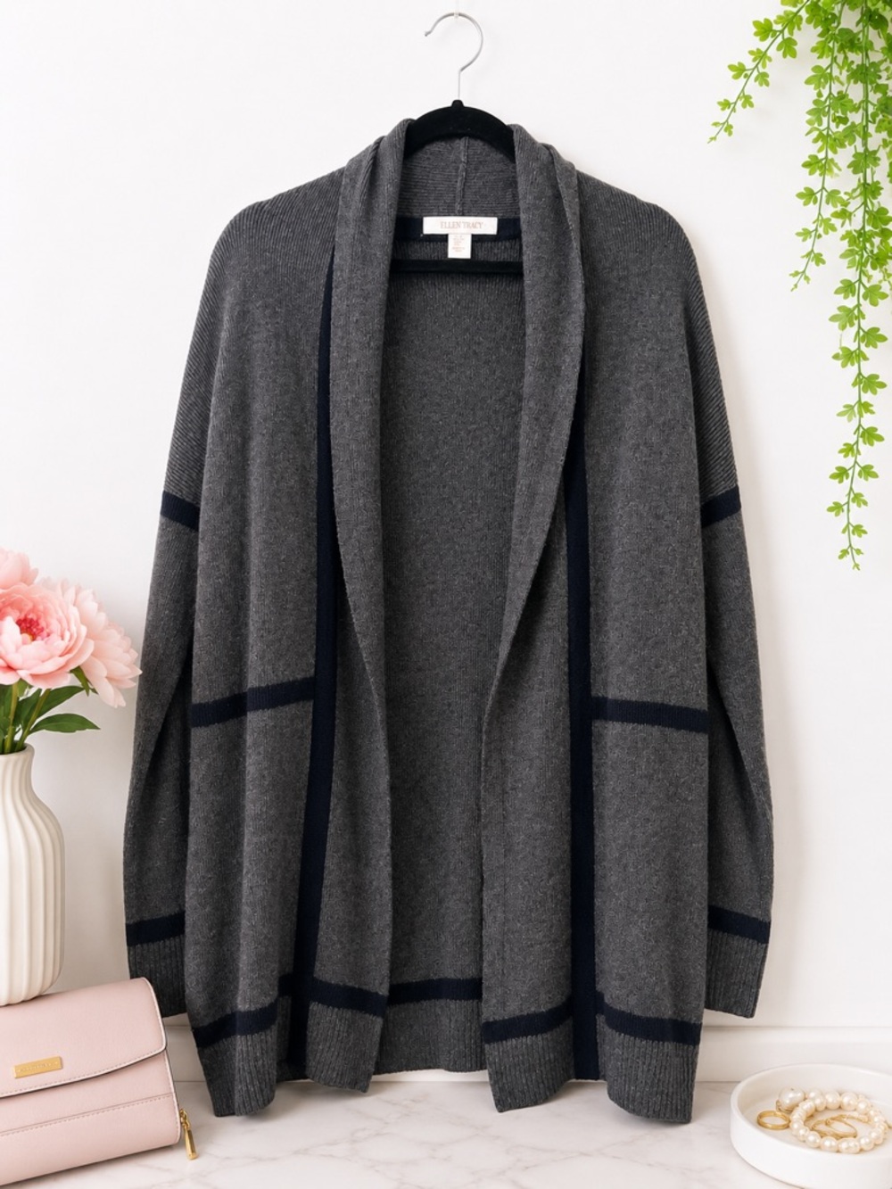 Ellen Tracy Wool Blend Open Front Shawl Collar Cardigan Sweater Large